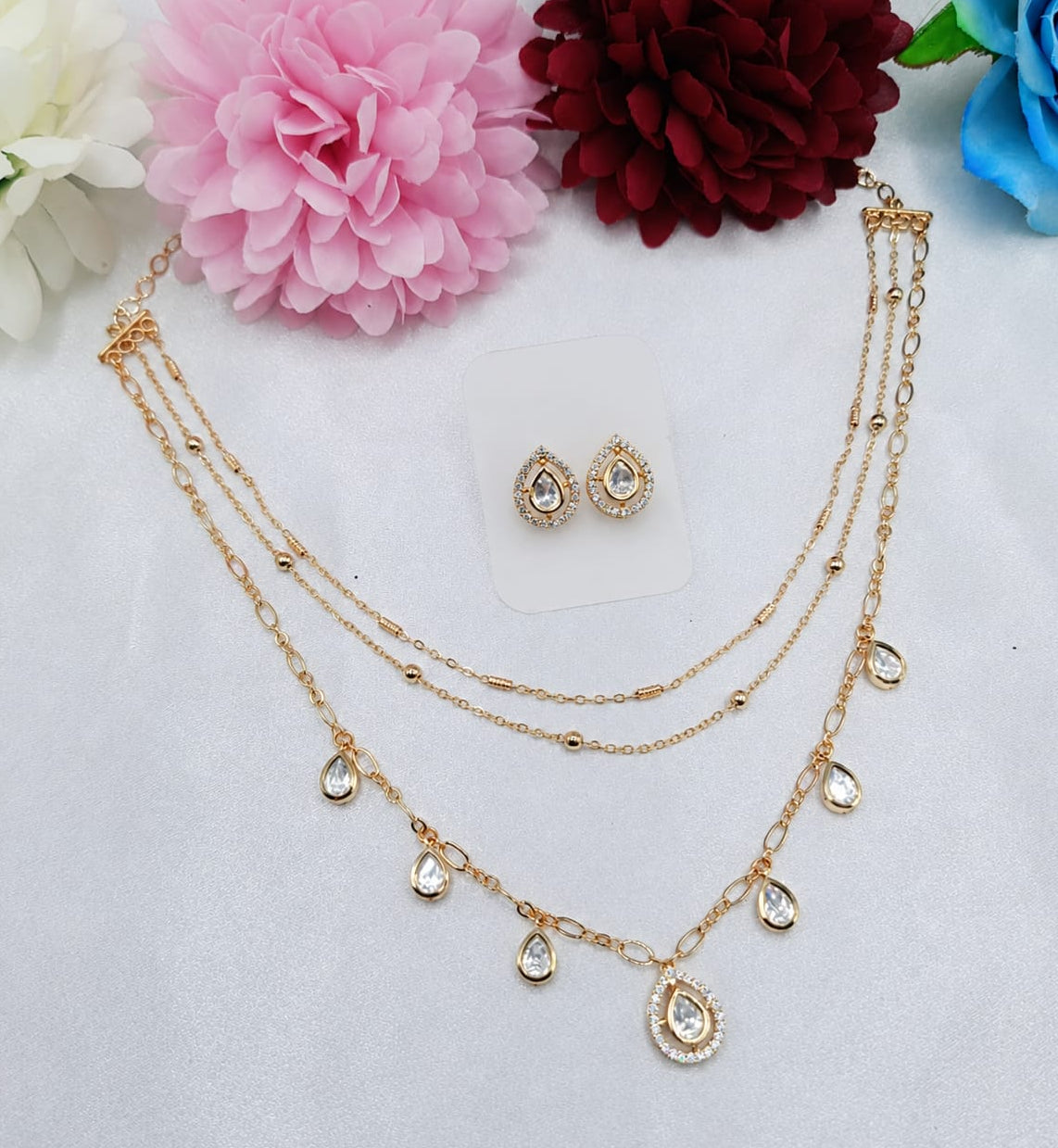 Elara 3 Layer Chain Pendant Set with Kundan Moissanite Pendant & Earrings | Shree Shani Jewels