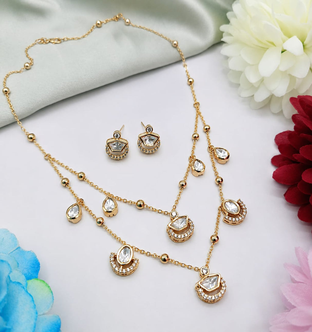 Aurora Oval Crystal Layer Chain Set with Earrings for Women | Gold Finish Necklace Set