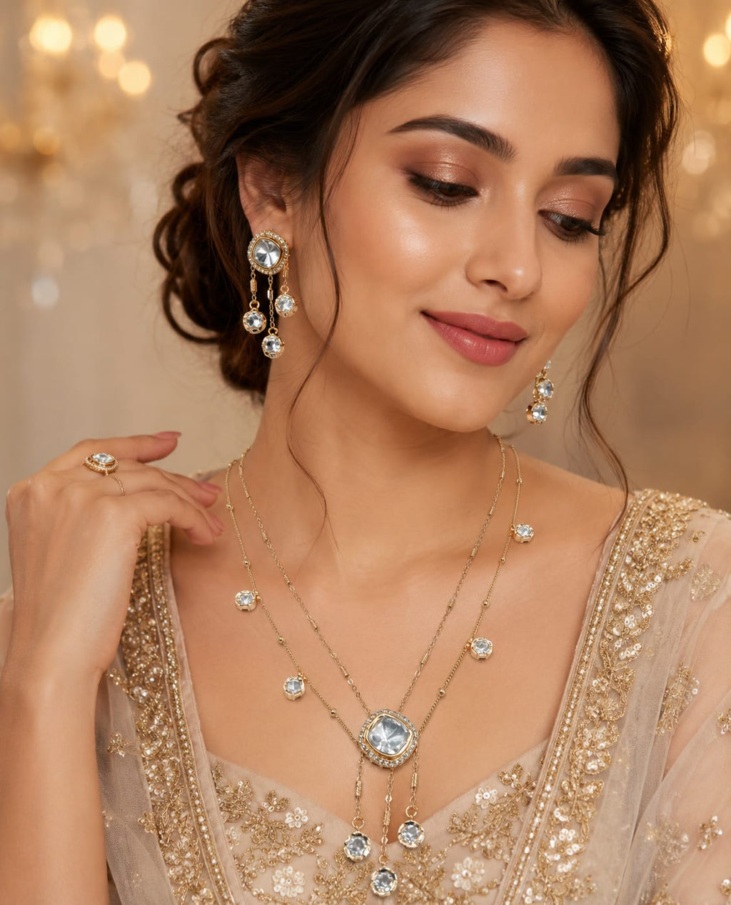 Celestia 2 Layer Chain Pendant Set with Kundan Moissanite Triangle Pendant & Stud Earrings | Shree Shani Jewels