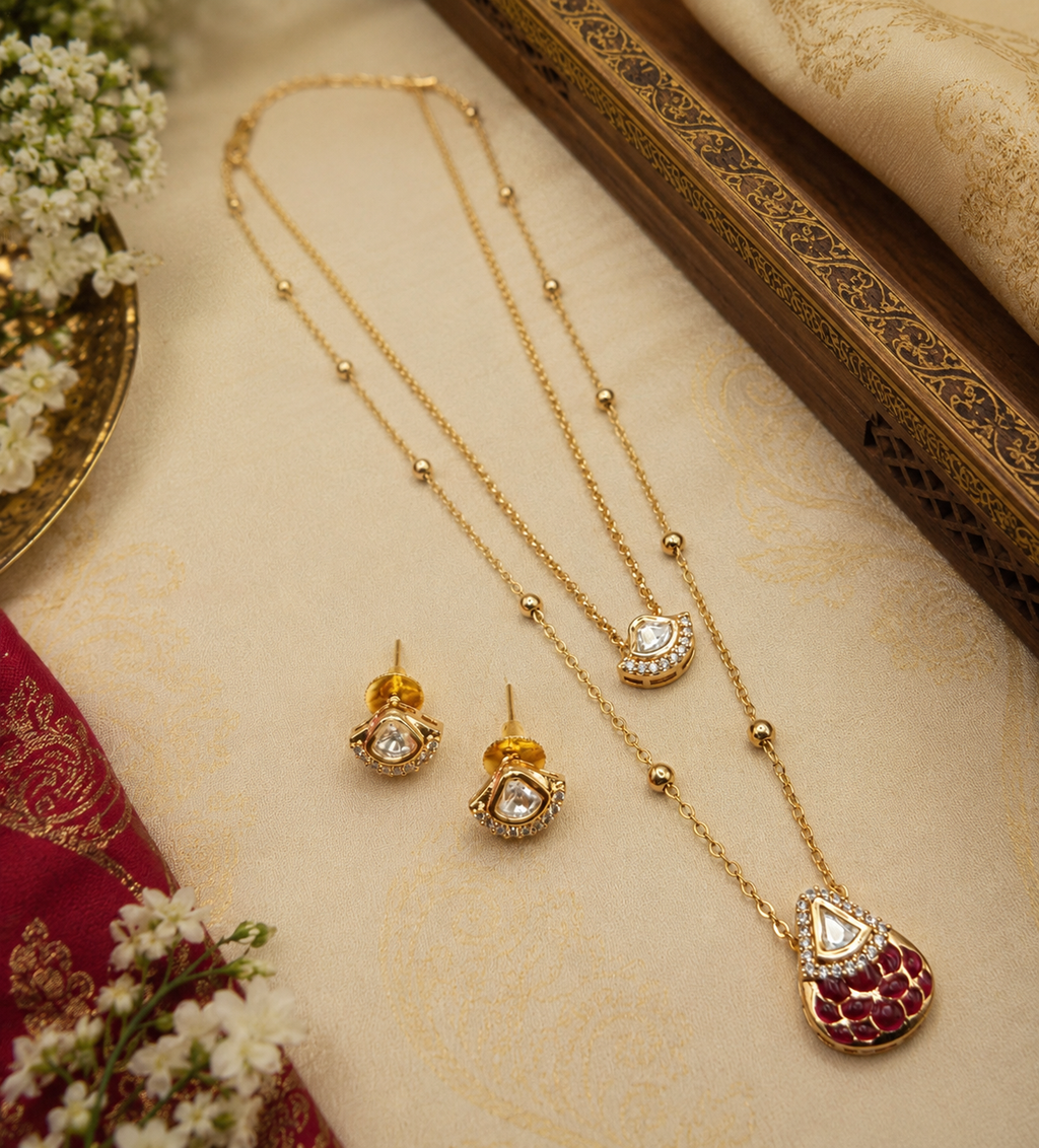 Ruby Brass Gold Plated Kundan Moissanite Chain Pendant Set