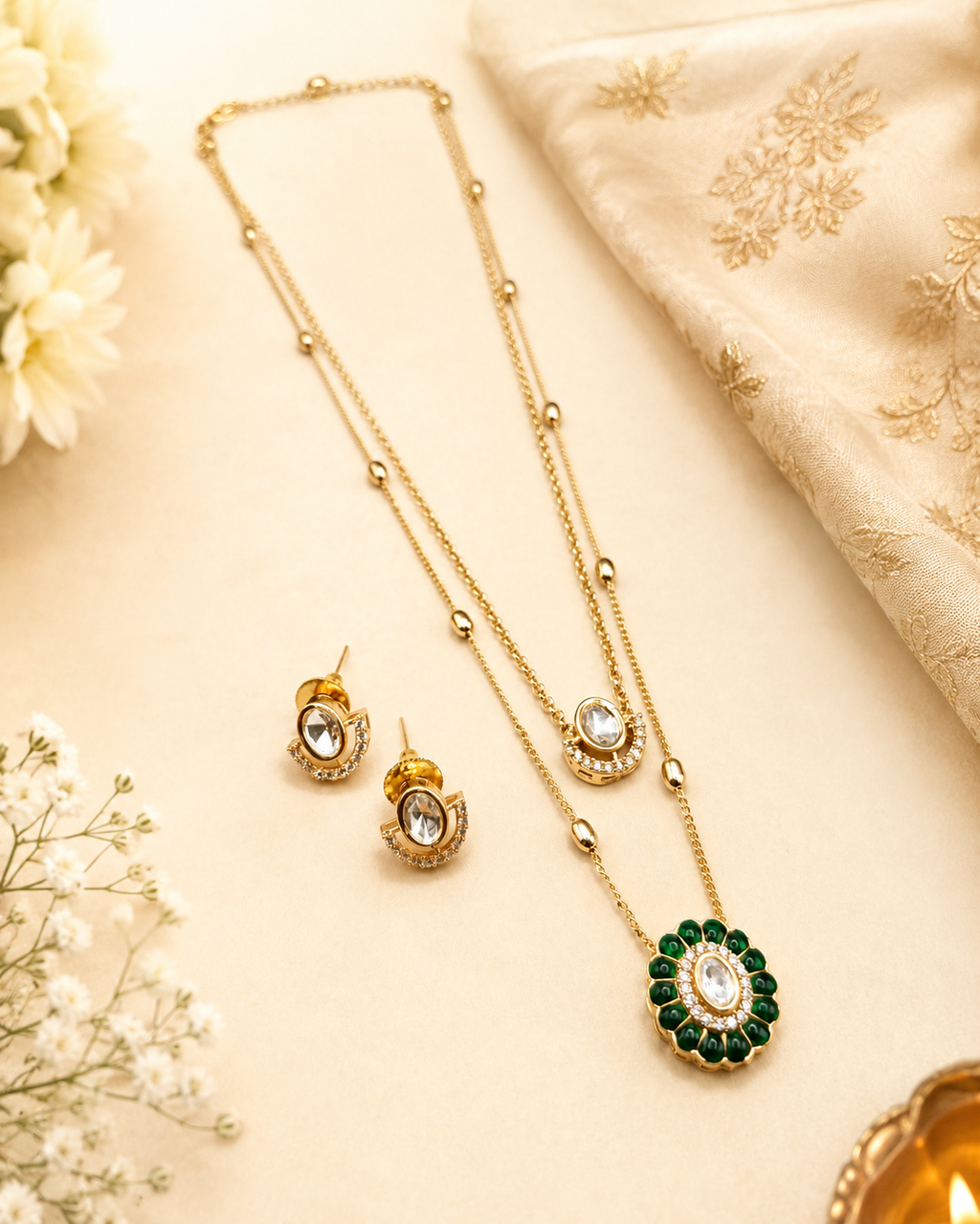 Talina Emerald Gold Plated Kundan Moissanite Pendant Set