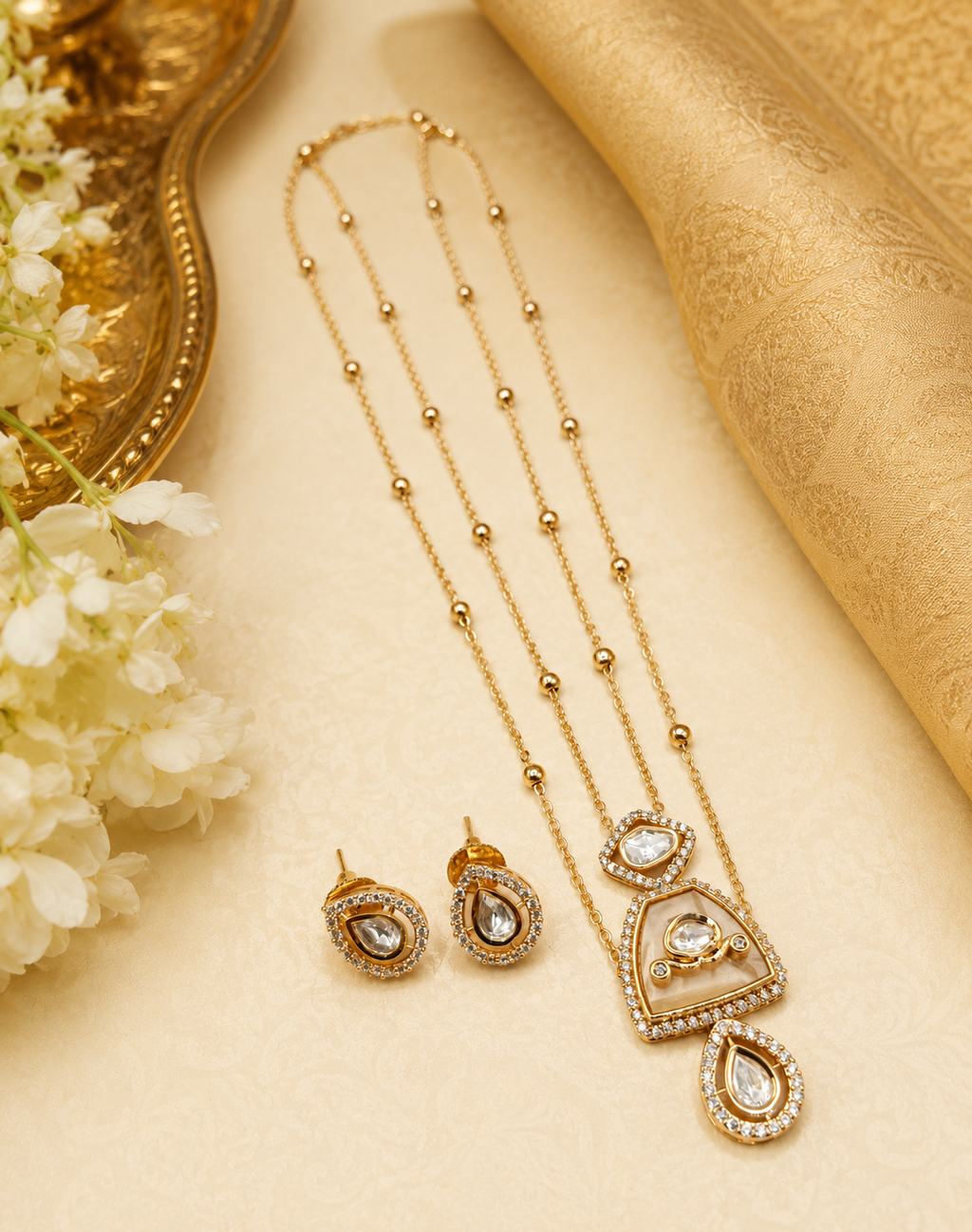 Sonakshi Brass Gold Plated Kundan Moissanite Mop Chain Pendant Set