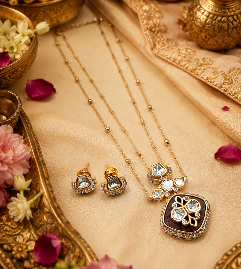 Vidushi Colour MOP Gold Plated Kundan Moissanite Chain Pendant Set