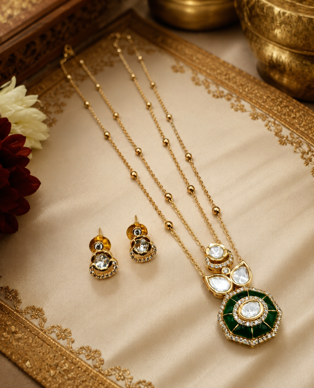 Choksi Emerald Brass Gold Plated Kundan Moissanite Chain Pendant Set