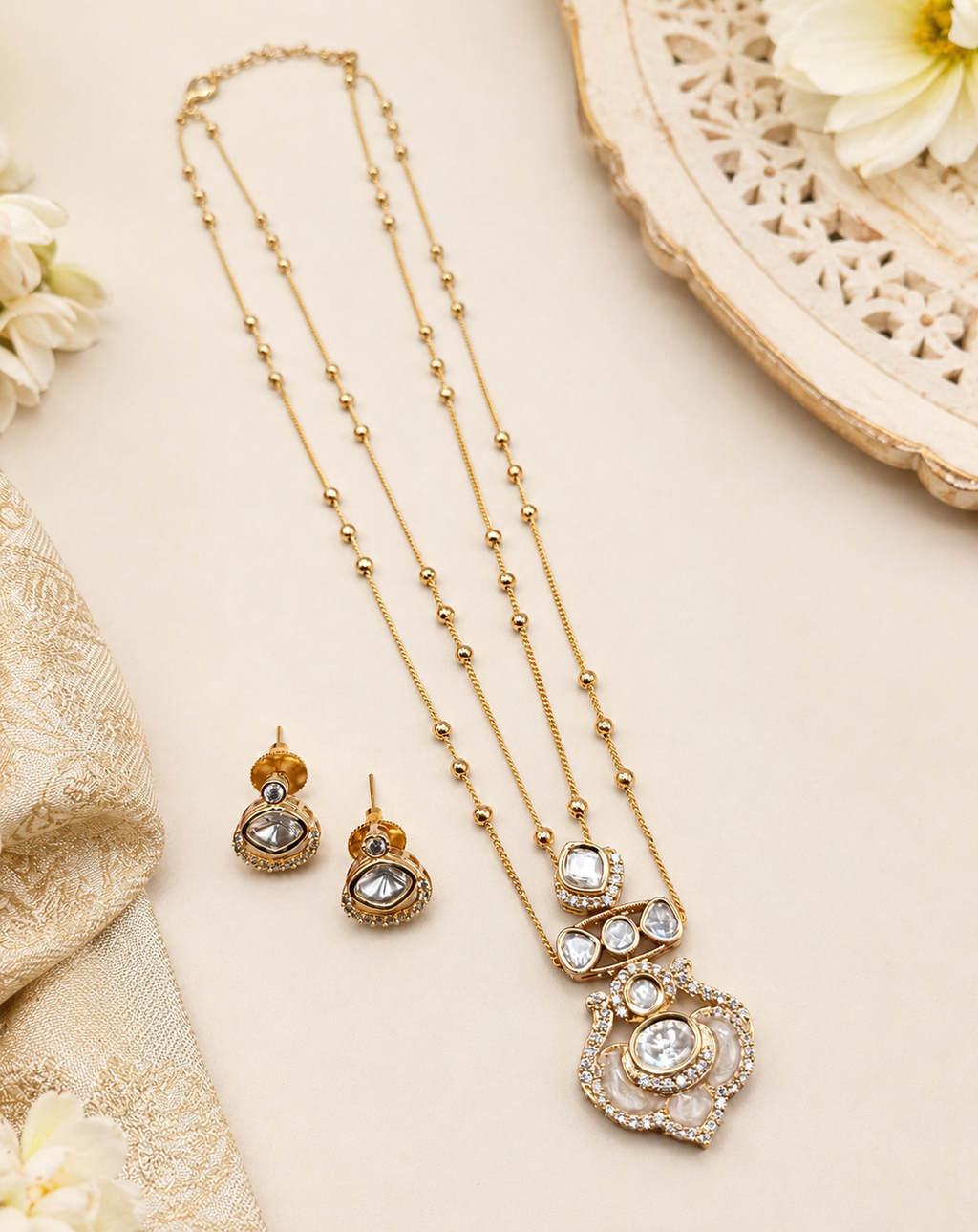Ivory Bras Gold Plated Double Chain Kundan Moissanite Pendant Set
