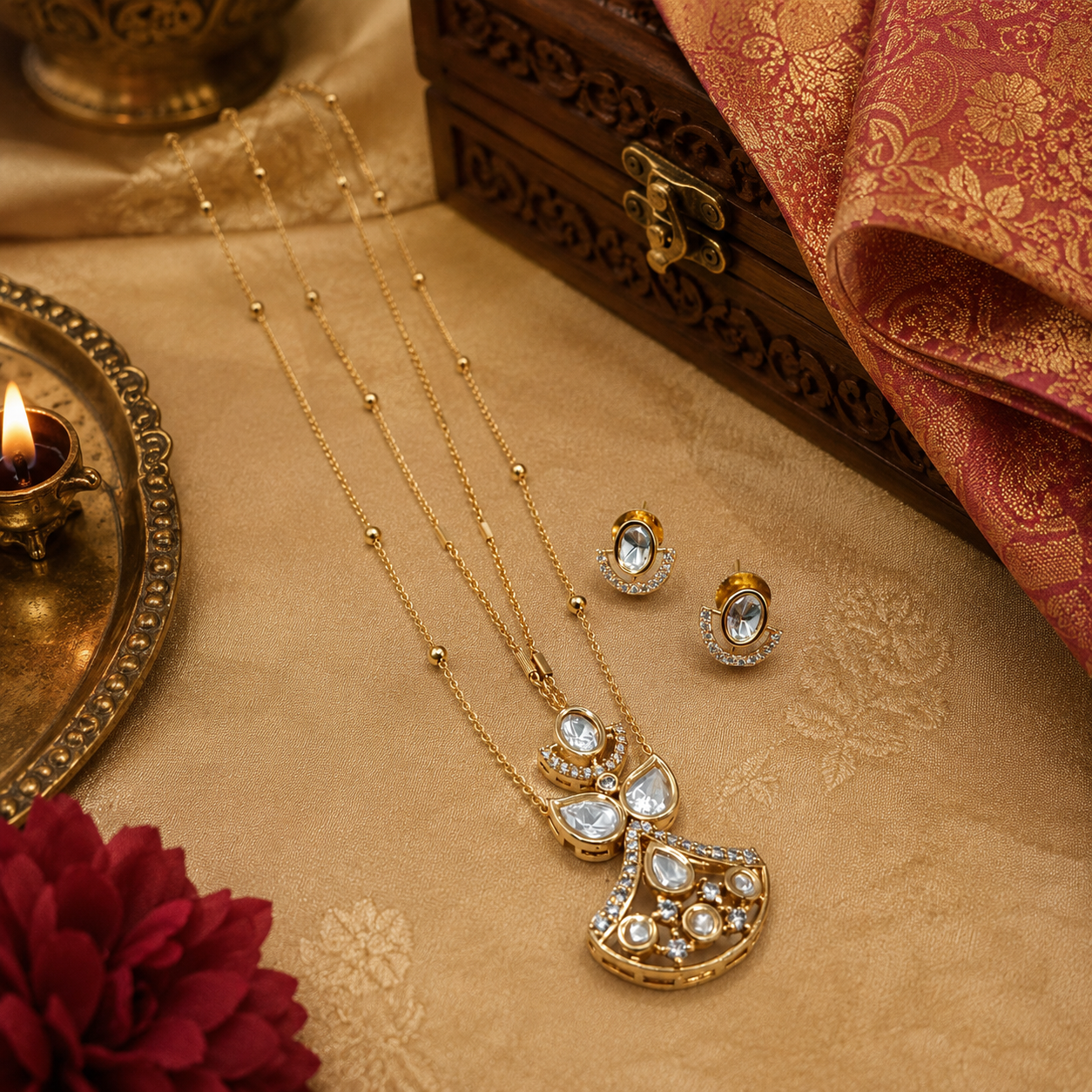 Devika Gold Plated Brass Kundan Moissanite Chain Pendant Set