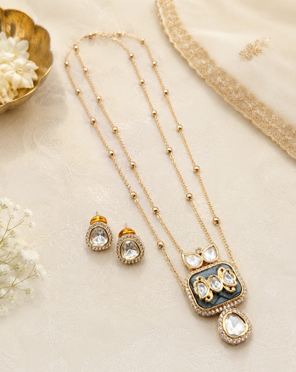Avani brass Gold Plated Plated Colour Mop Kundan Moissanite Chain Pendant Set