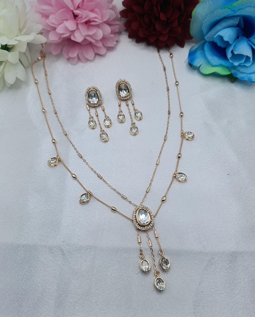 Trivelle 2 Layer Chain Pendant Set with Kundan Moissanite Triangle Pendant & Drop Earrings | Shree Shani Jewels