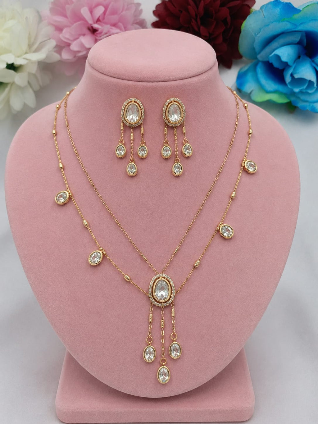 Trivelle 2 Layer Chain Pendant Set with Kundan Moissanite Triangle Pendant & Drop Earrings | Shree Shani Jewels